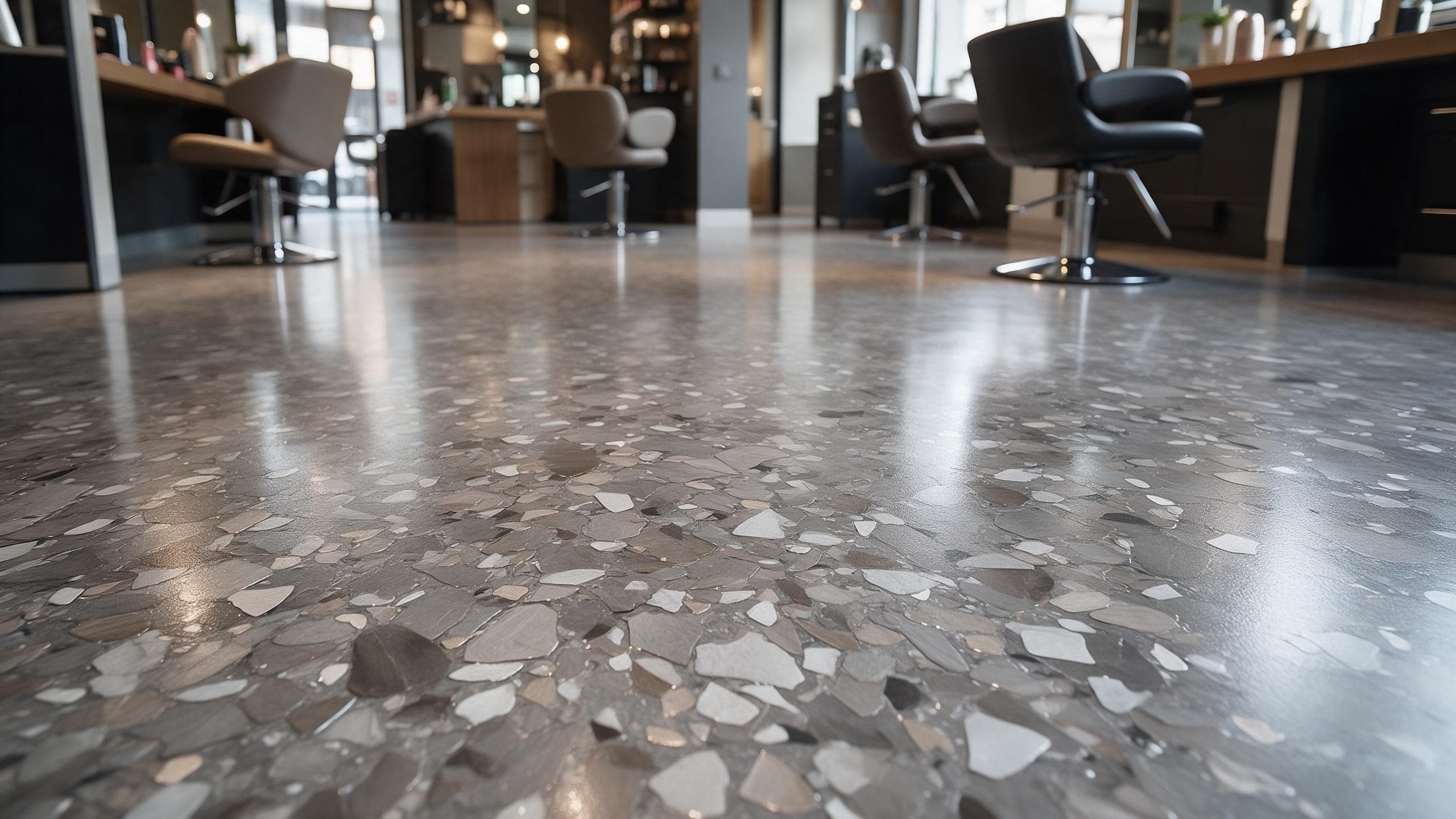 Seamless decorative commercial floor in a salon, with styling chairs in the background.