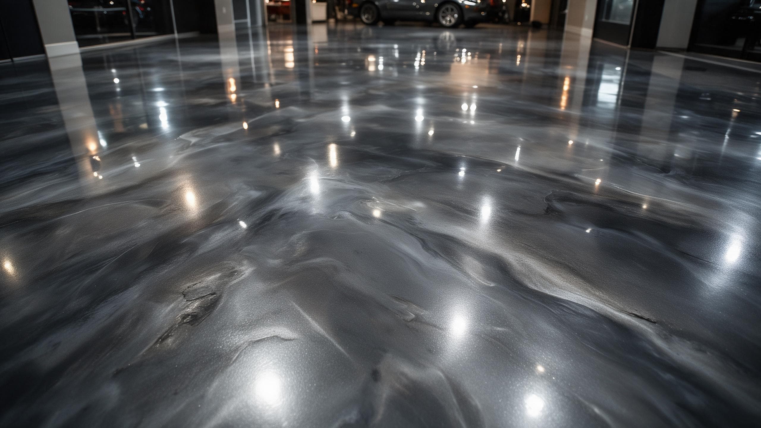 Metallic epoxy floor with charcoal and pewter movement in a showroom, lights reflecting on the surface.