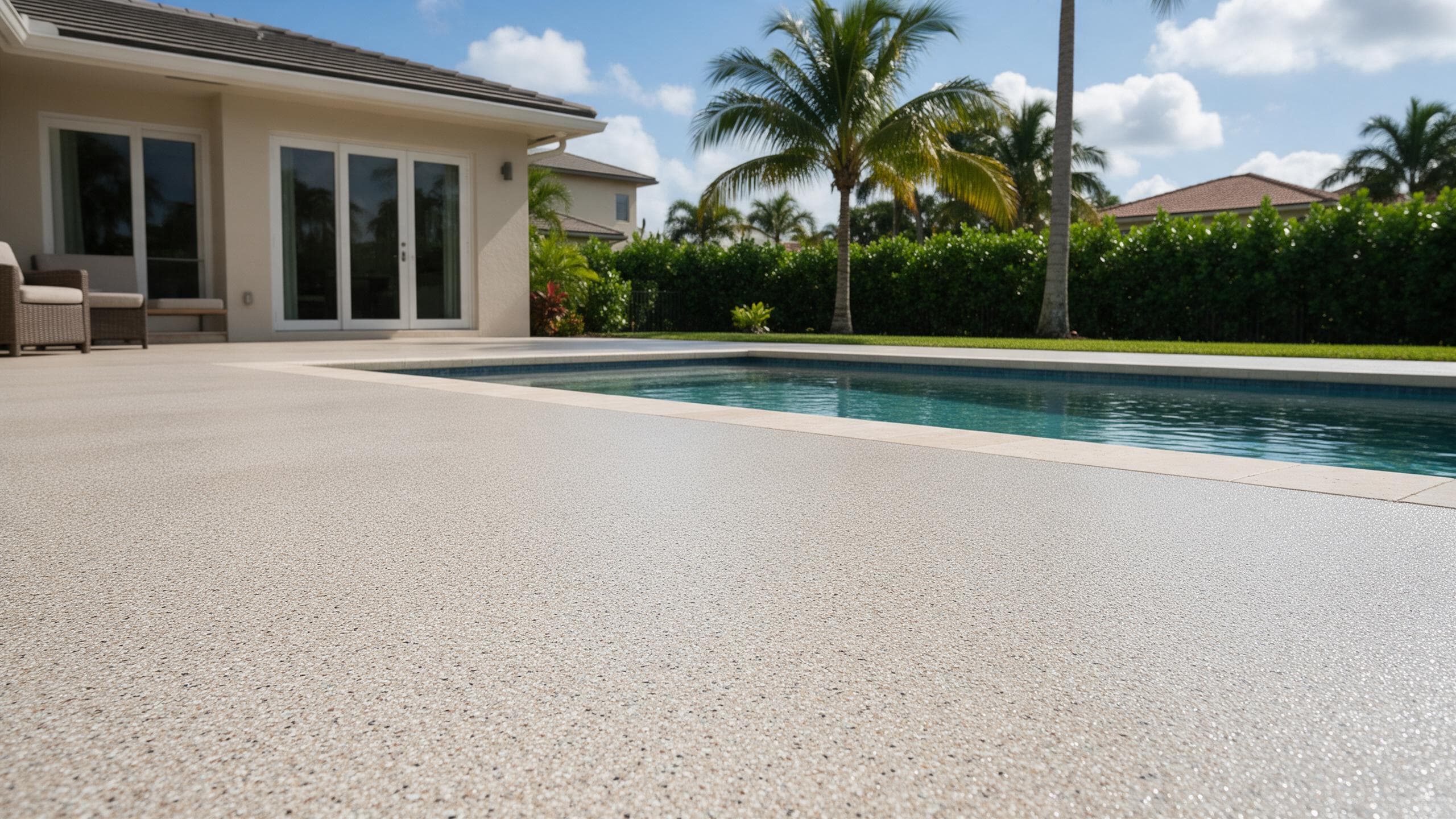 Light sand flake polyaspartic coating on a South Florida pool deck beside the water.