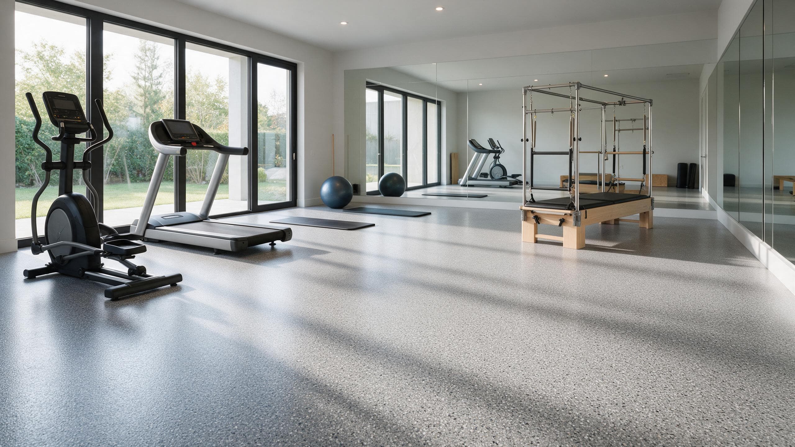 Seamless flake epoxy floor in a home gym or studio.