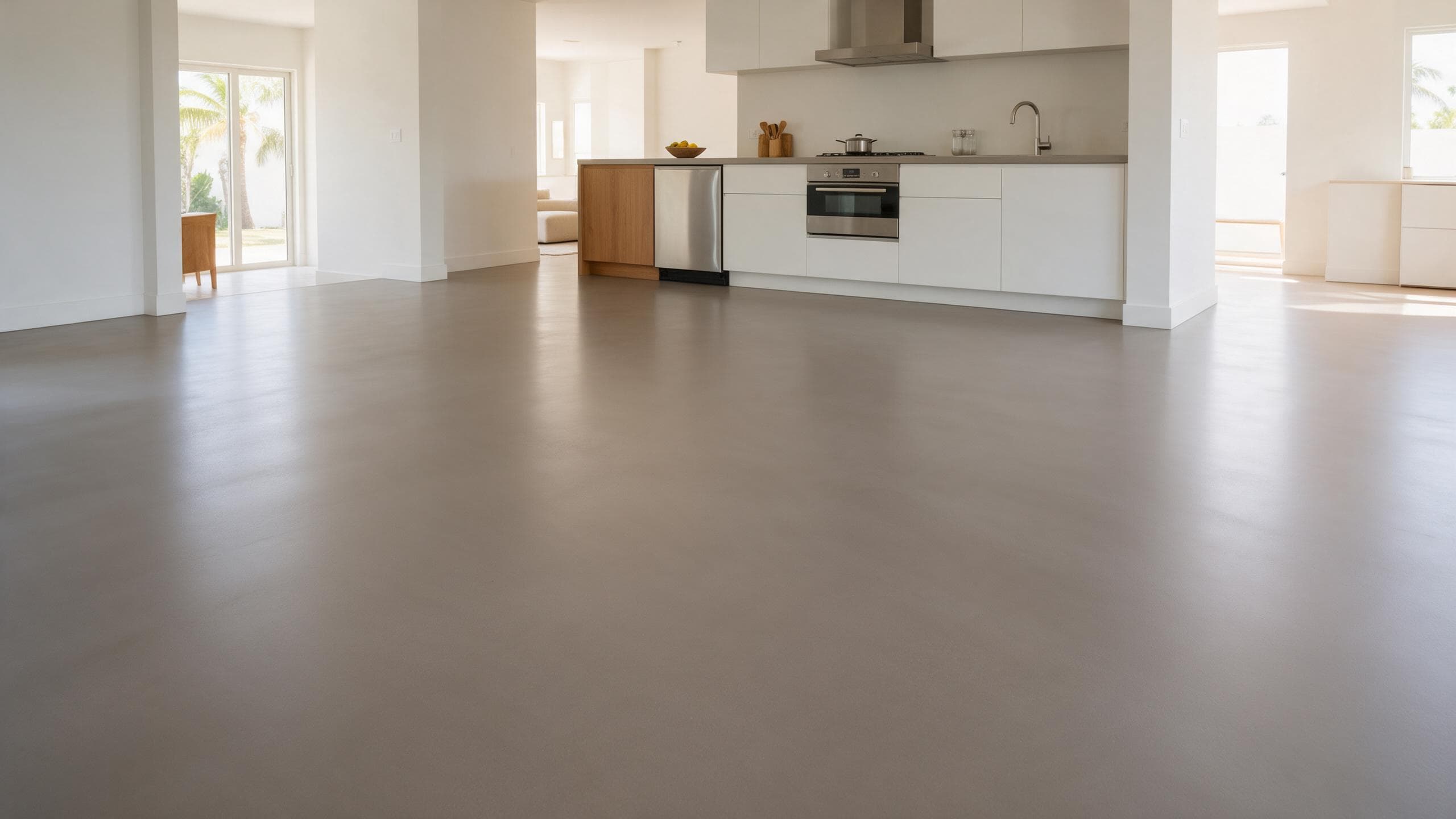 Seamless warm gray solid epoxy floor in a modern open plan kitchen.
