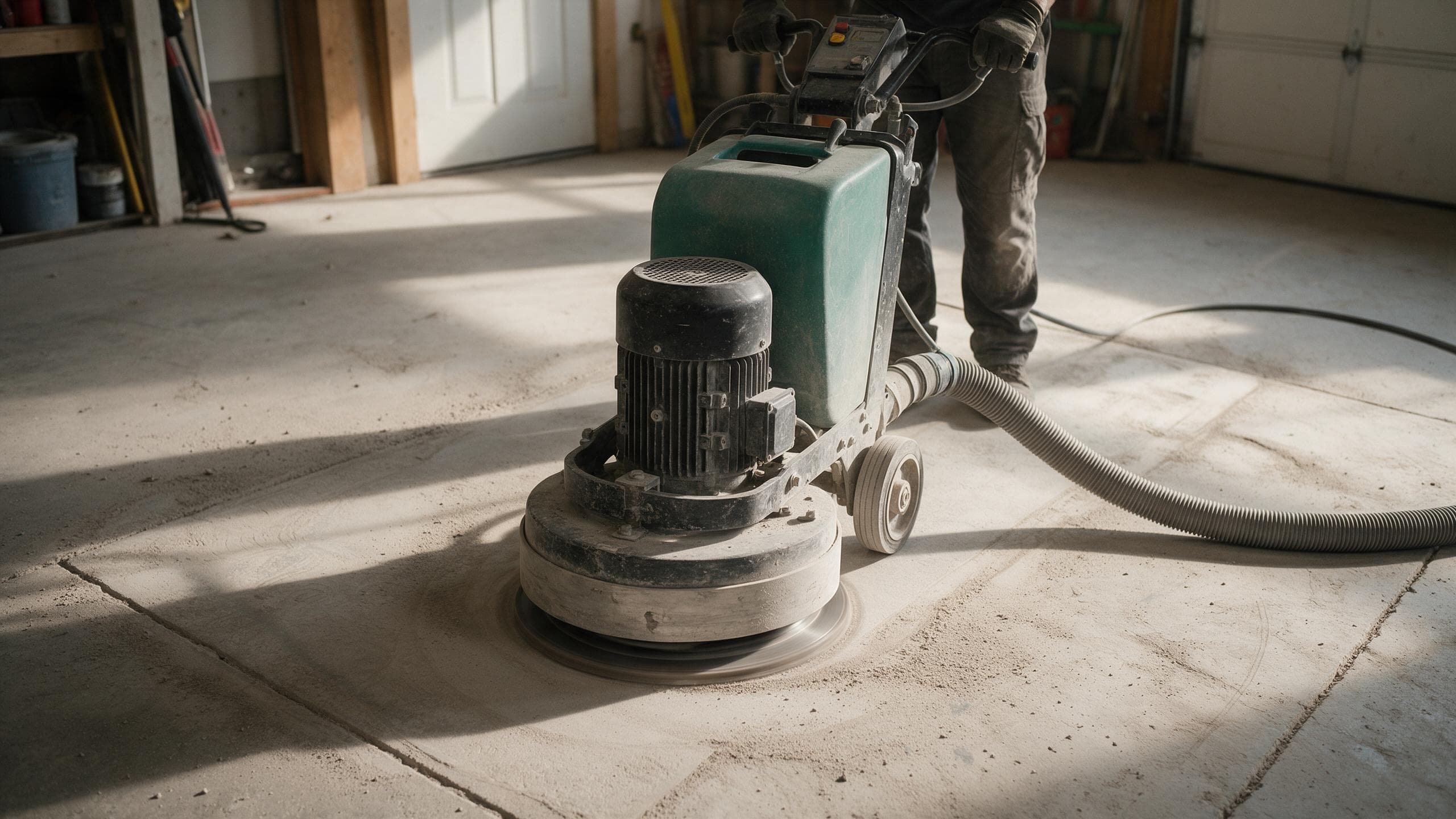 Walk behind diamond grinder preparing a garage slab, technician visible from the waist down.