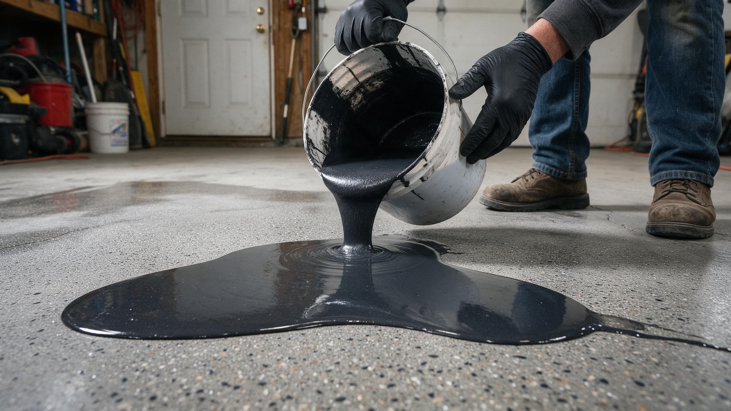 Gloved hands pouring charcoal coating onto a prepared garage floor.