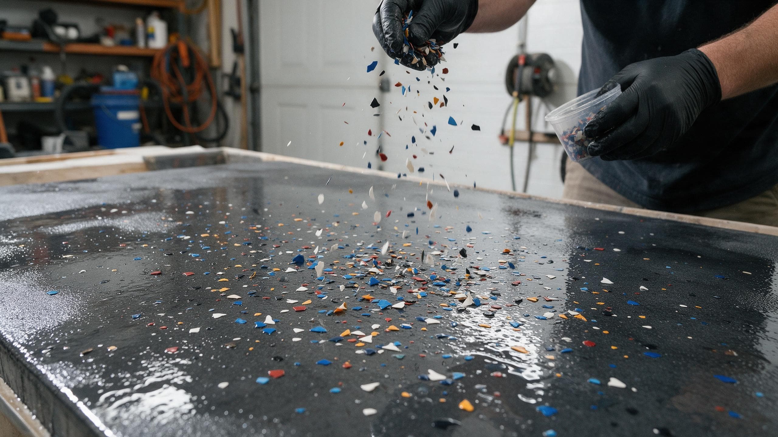 Vinyl flakes being broadcast by hand onto a wet coating.