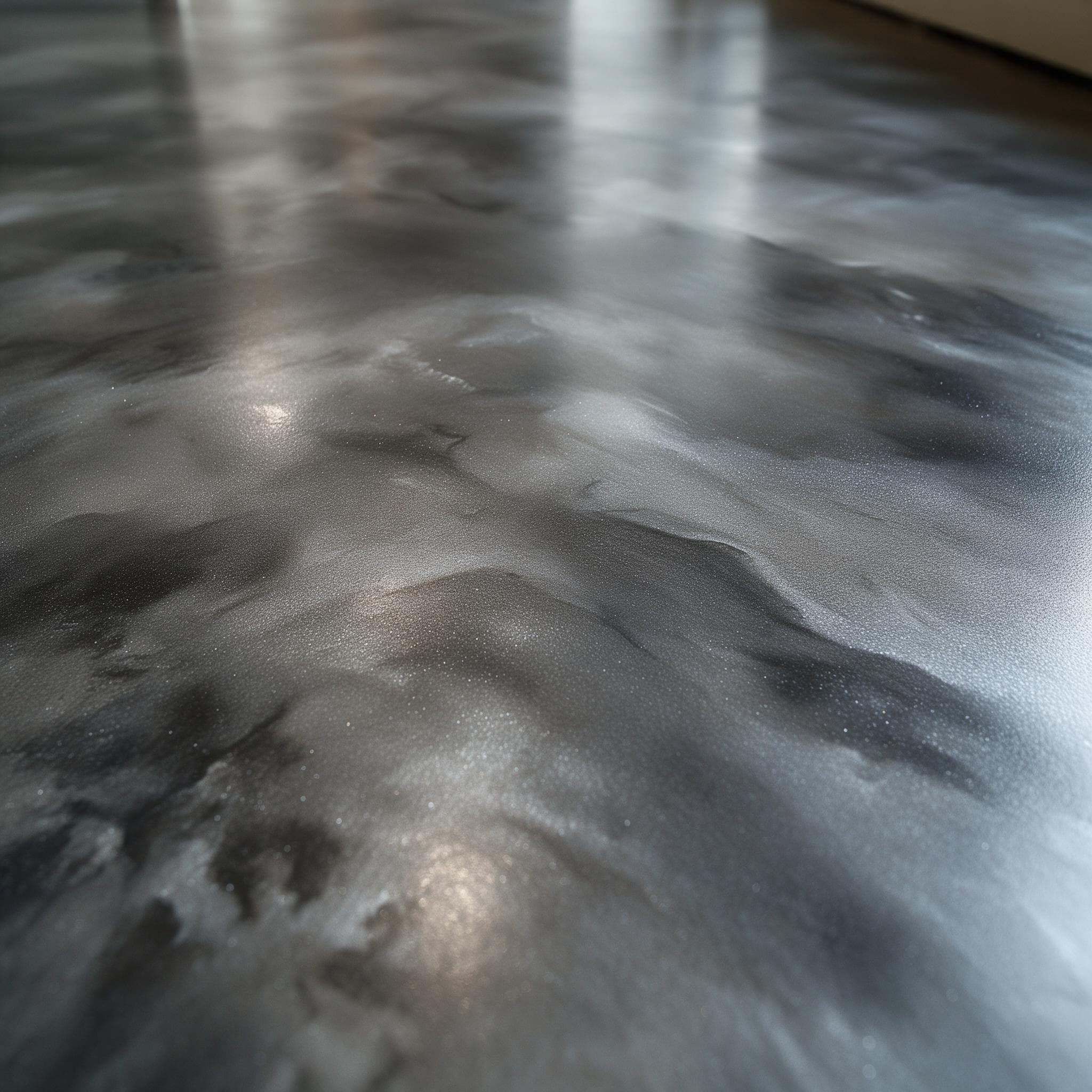 Macro view of metallic epoxy with charcoal and pewter layered pigments.